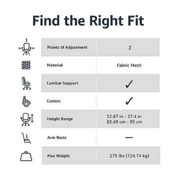 Amazon Basics Rolling Desk Chair, Adjustable, Low Back, Padded Seat, Breathable Mesh, Swivel, Black, 21.25" D x 22.5" W x 38" H