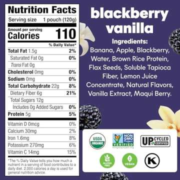 Noka Superfood Fruit Smoothie Pouches, Blackberry Vanilla, Healthy Snacks with Flax Seed, Plant Prot...