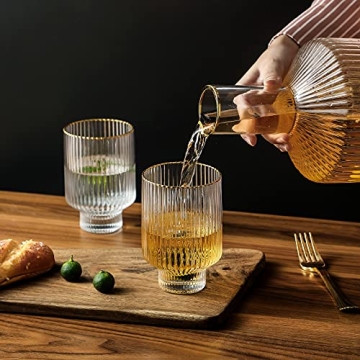 G Bedside Carafe Glass Set, 1 Pitcher 2 Cups For Nightstand Water, Ribbed Bedside Water Decanter 59 oz With Gold Rim Tumbler 12.5 oz Cup,Vintage Bedside Carafe Use for Bathroom,Bedroom,Kitchen, Office