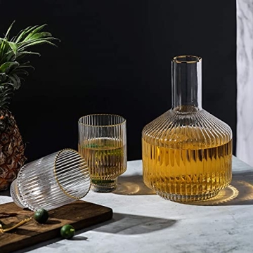 G Bedside Carafe Glass Set, 1 Pitcher 2 Cups For Nightstand Water, Ribbed Bedside Water Decanter 59 oz With Gold Rim Tumbler 12.5 oz Cup,Vintage Bedside Carafe Use for Bathroom,Bedroom,Kitchen, Office