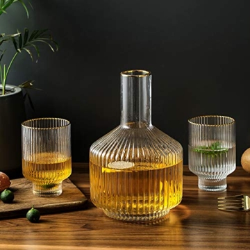 G Bedside Carafe Glass Set, 1 Pitcher 2 Cups For Nightstand Water, Ribbed Bedside Water Decanter 59 oz With Gold Rim Tumbler 12.5 oz Cup,Vintage Bedside Carafe Use for Bathroom,Bedroom,Kitchen, Office