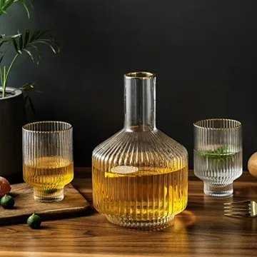 G Bedside Carafe Glass Set, 1 Pitcher 2 Cups For Nightstand Water, Ribbed Bedside Water Decanter 59 oz With Gold Rim Tumbler 12.5 oz Cup,Vintage Bedside Carafe Use for Bathroom,Bedroom,Kitchen, Office