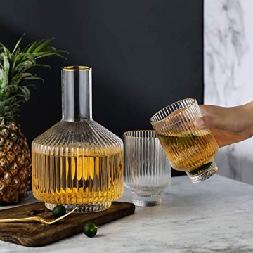 G Bedside Carafe Glass Set, 1 Pitcher 2 Cups For Nightstand Water, Ribbed Bedside Water Decanter 59 oz With Gold Rim Tumbler 12.5 oz Cup,Vintage Bedside Carafe Use for Bathroom,Bedroom,Kitchen, Office