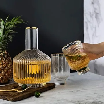 G Bedside Carafe Glass Set, 1 Pitcher 2 Cups For Nightstand Water, Ribbed Bedside Water Decanter 59 oz With Gold Rim Tumbler 12.5 oz Cup,Vintage Bedside Carafe Use for Bathroom,Bedroom,Kitchen, Office