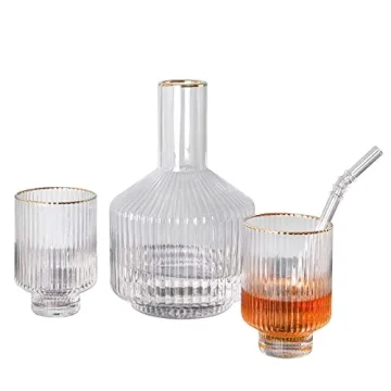 G Bedside Carafe Glass Set, 1 Pitcher 2 Cups For Nightstand Water, Ribbed Bedside Water Decanter 59 oz With Gold Rim Tumbler 12.5 oz Cup,Vintage Bedside Carafe Use for Bathroom,Bedroom,Kitchen, Office