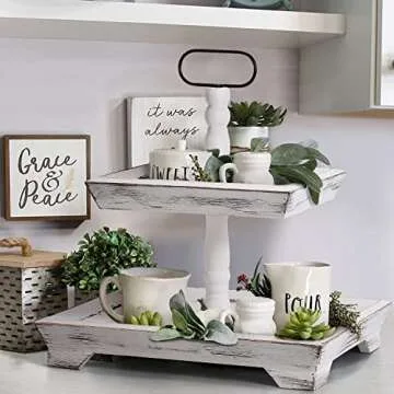 Tiered Tray Stand Farmhouse Tiered Tray for Decors Holder 2 Tiered Tray Stand for Kitchen Bedroom Entryway Coffee Bar