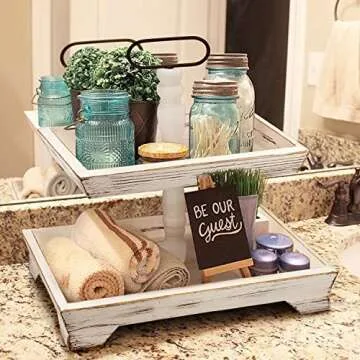 Tiered Tray Stand Farmhouse Tiered Tray for Decors Holder 2 Tiered Tray Stand for Kitchen Bedroom Entryway Coffee Bar