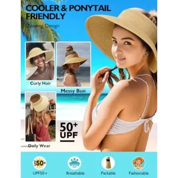 Straw Sun Visor Hats for Women, Pakcable Roll-Up Wide Brim Ponytail Summer Beach Hat, Straw Hats for...