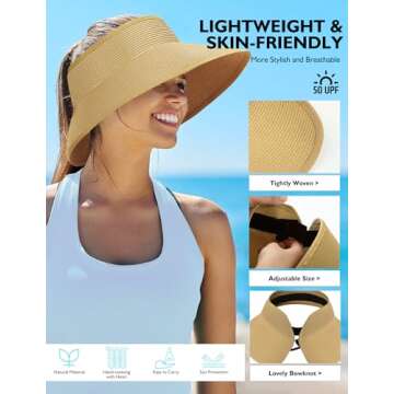 Straw Sun Visor Hats for Women, Pakcable Roll-Up Wide Brim Ponytail Summer Beach Hat, Straw Hats for Women UV Protection, Beach Hats for Women for Girls Holiday Summer Vacation Travel (Dark Coffee)