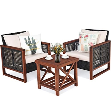 Tangkula 3 Pieces Patio Wicker Furniture Set, Rattan Outdoor Sofa Set w/Washable Cushion & Acacia Wo...