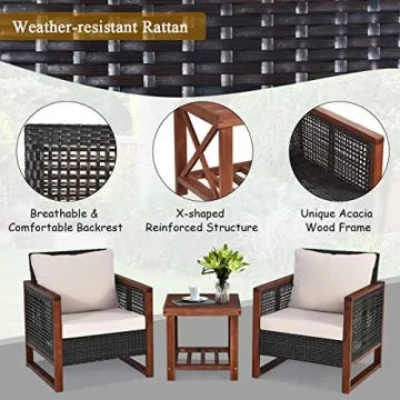 Tangkula 3 Pieces Patio Wicker Furniture Set, Rattan Outdoor Sofa Set w/Washable Cushion & Acacia Wood Coffee Table, Conversation Bistro Set for Garden Balcony Backyard (Beige)