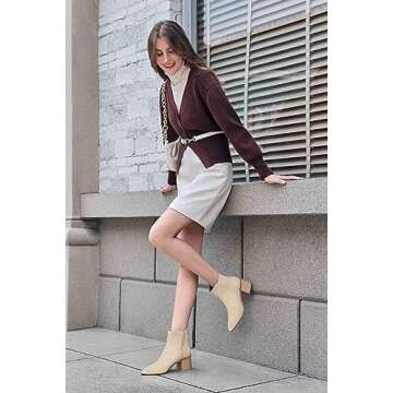 Coutgo Womens Ankle Boots Chunky Block Stacked Mid Heel Pointed Toe Slip On Elastic Chelsea Booties