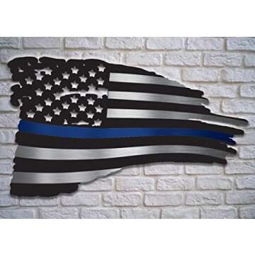 Rogue River Tactical Thin Blue Line USA Tattered Waving Flag Metal Die Cut Tin Sign Wall Decor - Per...