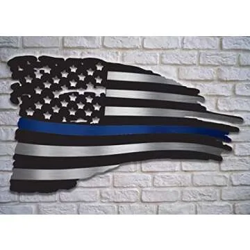 Rogue River Tactical Thin Blue Line USA Tattered Waving Flag Metal Die Cut Tin Sign Wall Decor - Per...