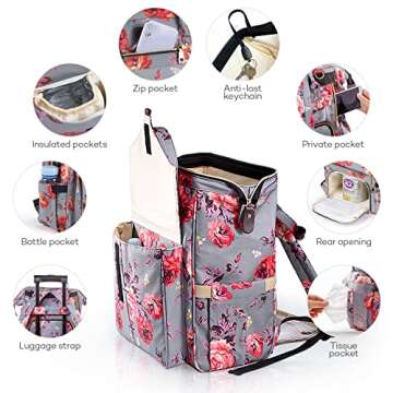 Kaome Diaper Bag Backpack, Upgraded Large Capacity Multifunction Nappy Bags, Waterproof Baby Bag Floral Insulated Sturdy Travel Maternity Back Pack for Baby Girls with Diaper Pad Bottle Bag