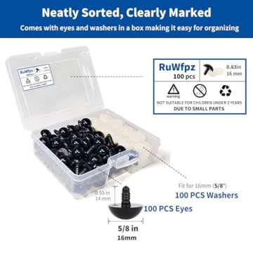 RuWfpz Safety Eyes for Amigurumi Crochet 16mm 5/8" 100Pcs - Doll Stuffed Animal Eyes with Washers, P...