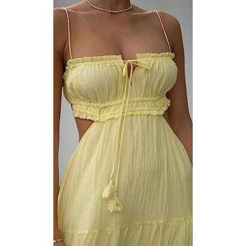 Summer Floral Maxi Dress for Women Spaghetti Strap Square Neck Ruffle Aline Long Dress Cottagecore Bustier Sundress（Chic Yellow，Small）