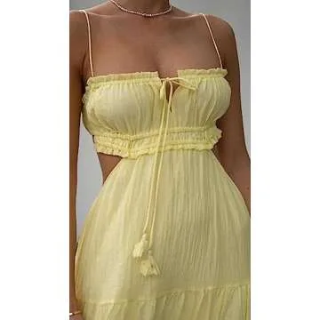 Summer Floral Maxi Dress for Women Spaghetti Strap Square Neck Ruffle Aline Long Dress Cottagecore Bustier Sundress（Chic Yellow，Small）