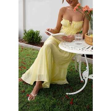 Summer Floral Maxi Dress for Women Spaghetti Strap Square Neck Ruffle Aline Long Dress Cottagecore Bustier Sundress（Chic Yellow，Small）