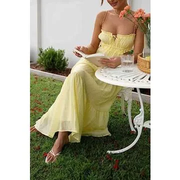 Summer Floral Maxi Dress for Women Spaghetti Strap Square Neck Ruffle Aline Long Dress Cottagecore Bustier Sundress（Chic Yellow，Small）