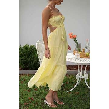 Summer Floral Maxi Dress for Women Spaghetti Strap Square Neck Ruffle Aline Long Dress Cottagecore Bustier Sundress（Chic Yellow，Small）