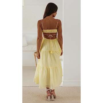 Summer Floral Maxi Dress for Women Spaghetti Strap Square Neck Ruffle Aline Long Dress Cottagecore Bustier Sundress（Chic Yellow，Small）