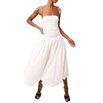 NUFIWI Women Tie Shoulder Midi Dress Spaghetti Strap Y2k Bubble Skirt Summer Dress Ruffle Swing A Li...