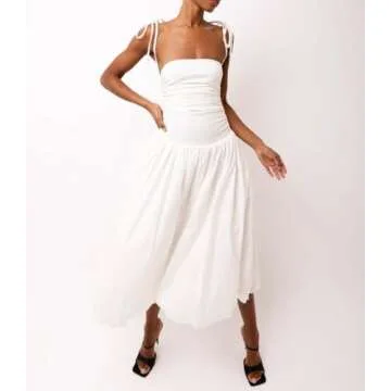 NUFIWI Women Tie Shoulder Midi Dress Spaghetti Strap Y2k Bubble Skirt Summer Dress Ruffle Swing A Line Puff Dress(White,Small)