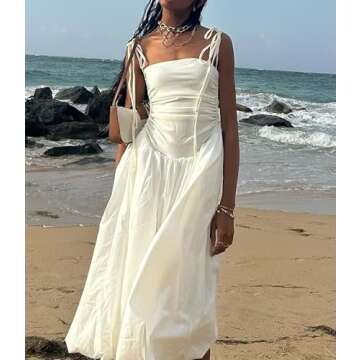 NUFIWI Women Tie Shoulder Midi Dress Spaghetti Strap Y2k Bubble Skirt Summer Dress Ruffle Swing A Line Puff Dress(White,Small)
