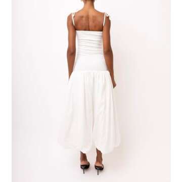 NUFIWI Women Tie Shoulder Midi Dress Spaghetti Strap Y2k Bubble Skirt Summer Dress Ruffle Swing A Line Puff Dress(White,Small)