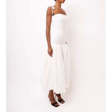 NUFIWI Women Tie Shoulder Midi Dress Spaghetti Strap Y2k Bubble Skirt Summer Dress Ruffle Swing A Line Puff Dress(White,Small)