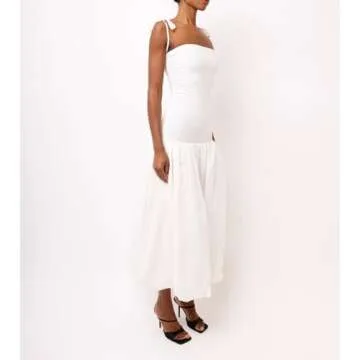 NUFIWI Women Tie Shoulder Midi Dress Spaghetti Strap Y2k Bubble Skirt Summer Dress Ruffle Swing A Line Puff Dress(White,Small)