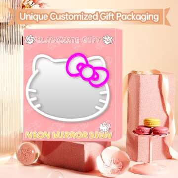 MCJSGSP Anime Hello Kit Cat Neon Sign Mirror L16.1 W14 Vanity Mirror with Lights Bedroom Wall Mirror...