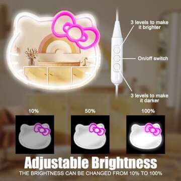 MCJSGSP Anime Hello Kit Cat Neon Sign Mirror L16.1 W14 Vanity Mirror with Lights Bedroom Wall Mirror for Pink Room Decor and a Makeup Mirror with Lights Teen Girl Gifts