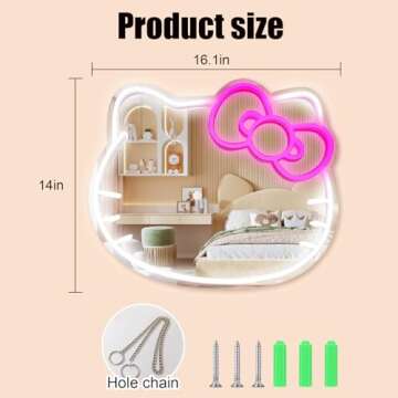 MCJSGSP Anime Hello Kit Cat Neon Sign Mirror L16.1 W14 Vanity Mirror with Lights Bedroom Wall Mirror for Pink Room Decor and a Makeup Mirror with Lights Teen Girl Gifts