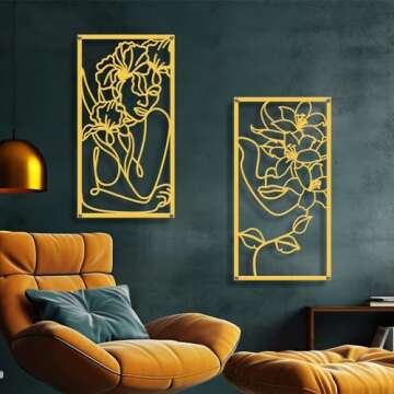Zzbakress 4 Pcs Metal Minimalist Abstract Woman and Flower Wall Art Single Line Drawing Art Decorati...