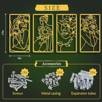 Zzbakress 4 Pcs Metal Minimalist Abstract Woman and Flower Wall Art Single Line Drawing Art Decoration Minimalist Home Hanging Wall Art Decor for Bedroom Kitchen Bathroom Living Room (style1, Gold)