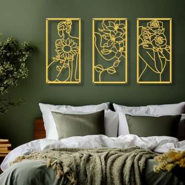 Zzbakress 4 Pcs Metal Minimalist Abstract Woman and Flower Wall Art Single Line Drawing Art Decoration Minimalist Home Hanging Wall Art Decor for Bedroom Kitchen Bathroom Living Room (style1, Gold)