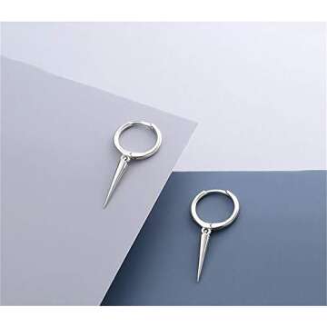 Minimalist Spike Dangle Drop Hoop Earrings for Women Girls 925 Sterling Silver Charms Hoops Cuff Cartilage Stud Tragus Helix Wrap Geometric Hypoallergenic Fashion Personalized Punk (Silvery)