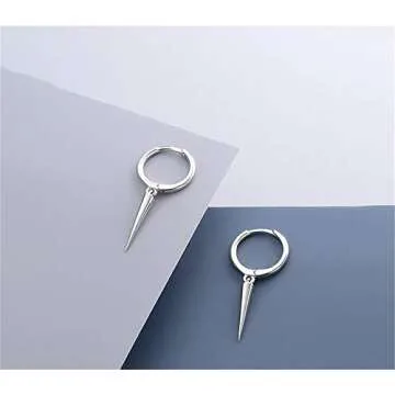 Minimalist Spike Dangle Drop Hoop Earrings for Women Girls 925 Sterling Silver Charms Hoops Cuff Cartilage Stud Tragus Helix Wrap Geometric Hypoallergenic Fashion Personalized Punk (Silvery)