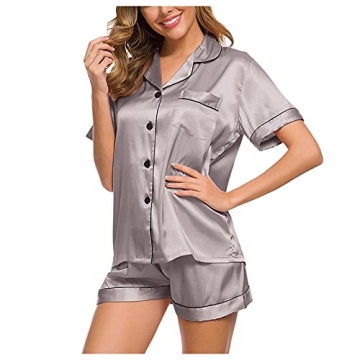 Aniywn Satin Pajamas Set Women's Loose Short Sleeve Sleepwear Button Down Loungewear Silk Pjs with Pockets Silver