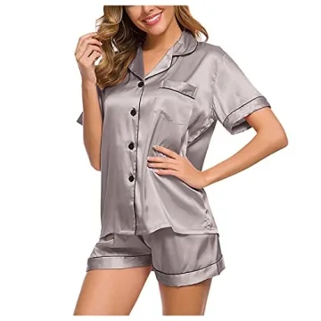 Aniywn Satin Pajamas Set Women's Loose Short Sleeve Sleepwear Button Down Loungewear Silk Pjs with Pockets Silver