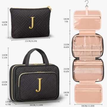 Personalized Birthday Gifts for Women - 2 PCS Initial Hanging Toiletry Bag & Makeup Bag with Embroid...