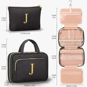 Personalized Birthday Gifts for Women - 2 PCS Initial Hanging Toiletry Bag & Makeup Bag with Embroid...