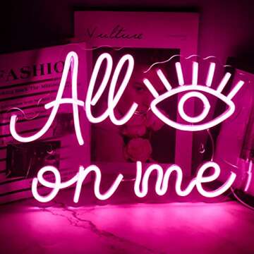Wanxing All Eyes on Me Neon Sign Evil Eye Led Sign Pink Eye Lash Neon Light Words Neon Led Sign Light up Sign USB Powered Switch Eye Neon Signs for Wall Decor Girls Bedroom, Game Room, Bar, Wedding, Birthday Party,Home Decor Neon Lights