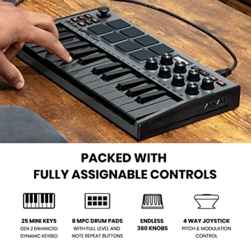 Recording Studio Package - Akai Professional MPK Mini MK3 USB MIDI Keyboard Controller and M-Audio AIR 192I4 Audio Interface, with Production Software, grey