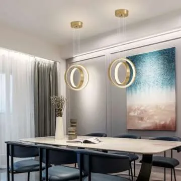 Vaziden Modern LED Chandelier Dimmable 2 Ring Gold Pendant Light Acrylic 34W 4000K Height-Adjustable...