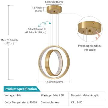 Vaziden Modern LED Chandelier Dimmable 2 Ring Gold Pendant Light Acrylic 34W 4000K Height-Adjustable Modern Chandelier for Dining Room Living Room Bedroom Kitchen Island Foyer Stairway