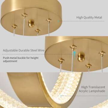 Vaziden Modern LED Chandelier Dimmable 2 Ring Gold Pendant Light Acrylic 34W 4000K Height-Adjustable Modern Chandelier for Dining Room Living Room Bedroom Kitchen Island Foyer Stairway