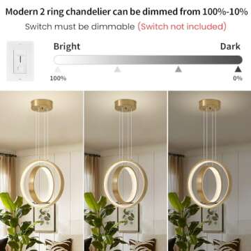 Vaziden Modern LED Chandelier Dimmable 2 Ring Gold Pendant Light Acrylic 34W 4000K Height-Adjustable Modern Chandelier for Dining Room Living Room Bedroom Kitchen Island Foyer Stairway